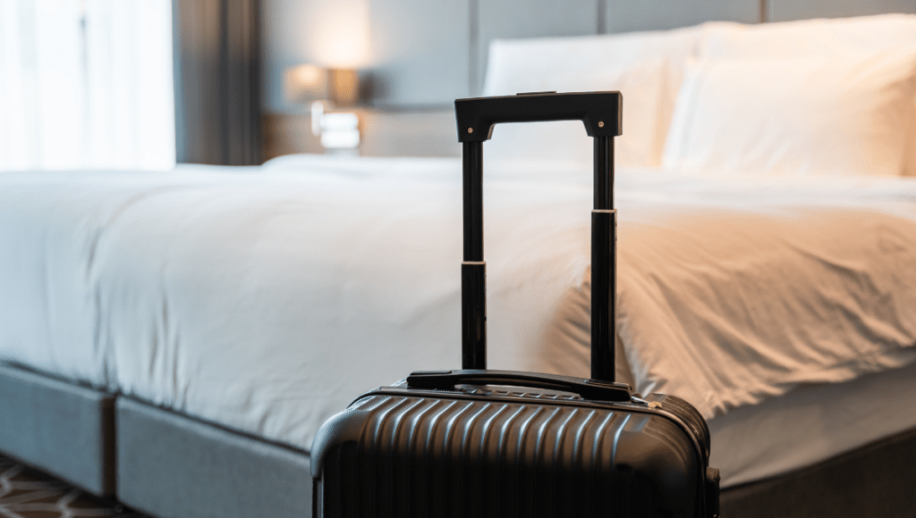 Ein Koffer steht vor dem Bett in einem Zimmer in einem Pflegehotel.