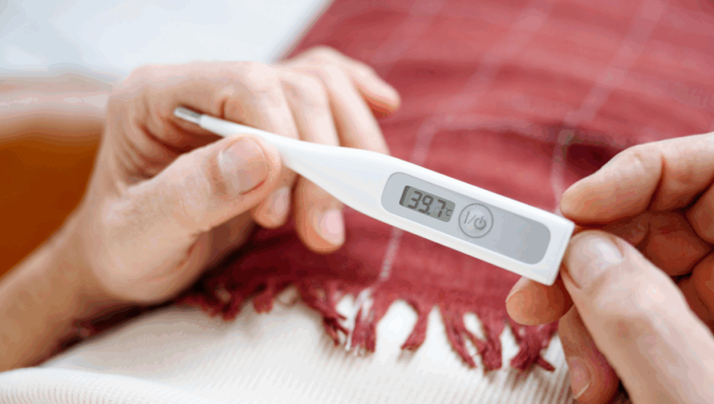 Eine Person hält ein Fieber-Thermometer in der Hand