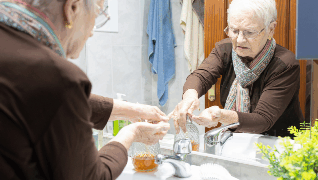 Eine ältere Dame beim Händewaschen im Bad. Sie achtet damit auf Hygiene.